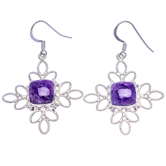 Sterling silver charoite gemstone dangle earrings with purple square cabochon and floral frame