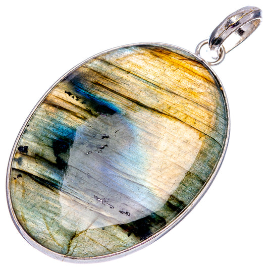 Oval labradorite pendant with blue-gold iridescence, silver-plated frame and loop bail