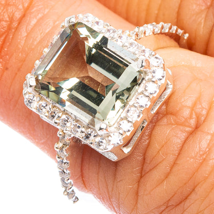 Faceted Green Amethyst, Cubic Zirconia Ring Size 6 (.925 Sterling Silver)