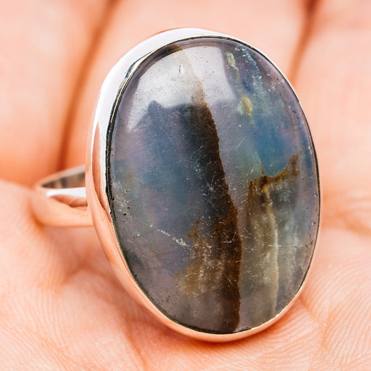 Size 9.5 sterling silver ring with oval dark cabochon calcite and brown streak