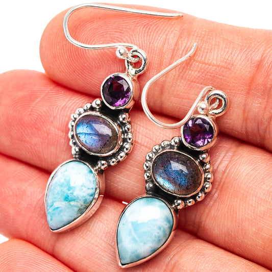 Sterling silver drop earrings with amethyst, blue labradorite, and larimar teardrops