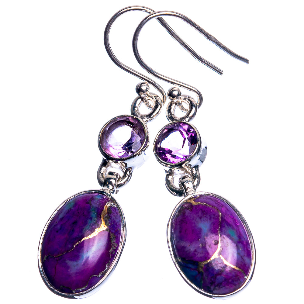 Purple gemstone drop earrings with silver hooks and three dangling stones