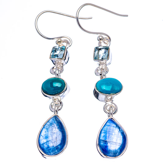 Sterling silver hook earrings with light blue square tops, turquoise ovals, and blue teardrops