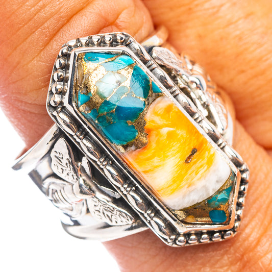 Turquoise spiny oyster ring, ornate .925 sterling silver bezel with oval stone cabochon.