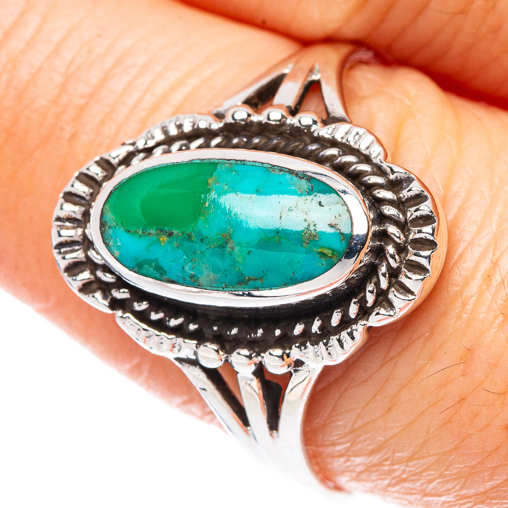 Oval turquoise cabochon sterling silver ring with ornate bead bezel, size 9.5