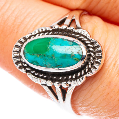 Oval turquoise cabochon sterling silver ring with ornate bead bezel, size 9.5