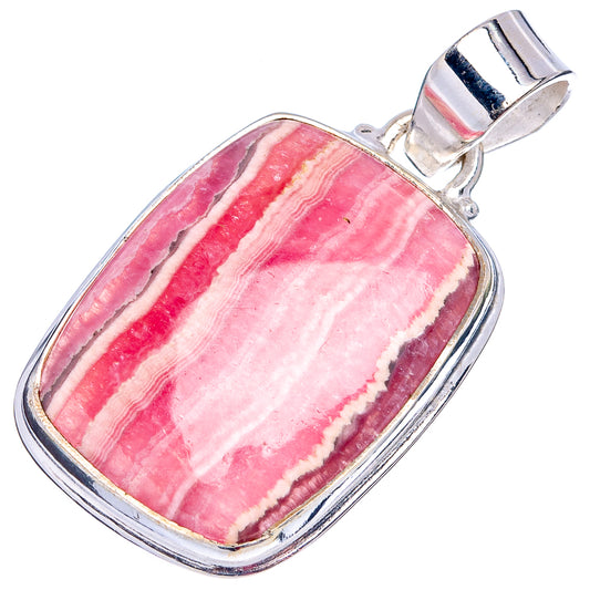 Oval rhodochrosite pendant in polished .925 sterling silver bezel with pink stone stripes