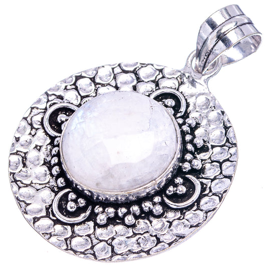 Round moonstone pendant in silver-tone with detailed raised border and top bail loop