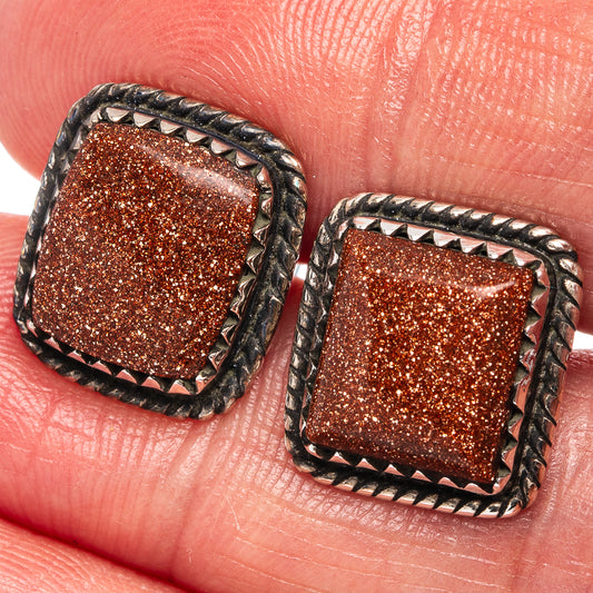 Square goldstone studs with red-brown sparkle and braided silver rope border