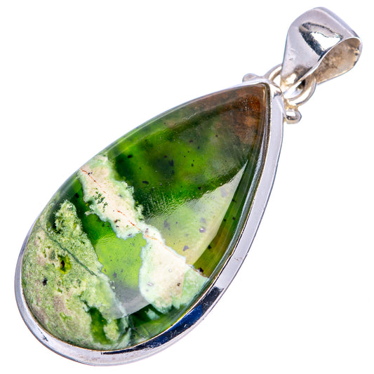 Teardrop chrome chalcedony pendant with .925 sterling silver bail, mottled green stone
