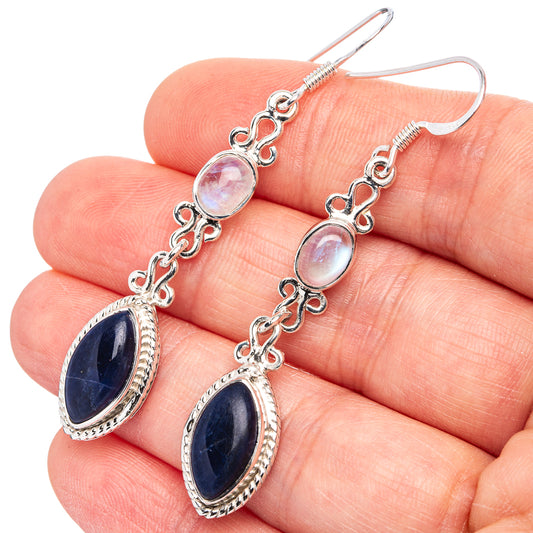 Sterling silver dangle earrings with pink moonstone and dark blue sodalite drops