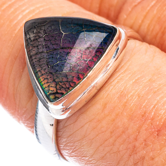 Sterling silver ring with multicolor opal triangle gemstone, open band