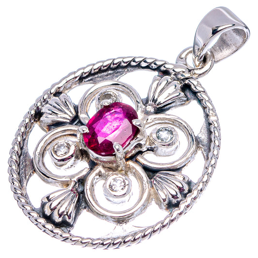Sterling silver ruby pendant, ornate round settings with pink ruby center and bail