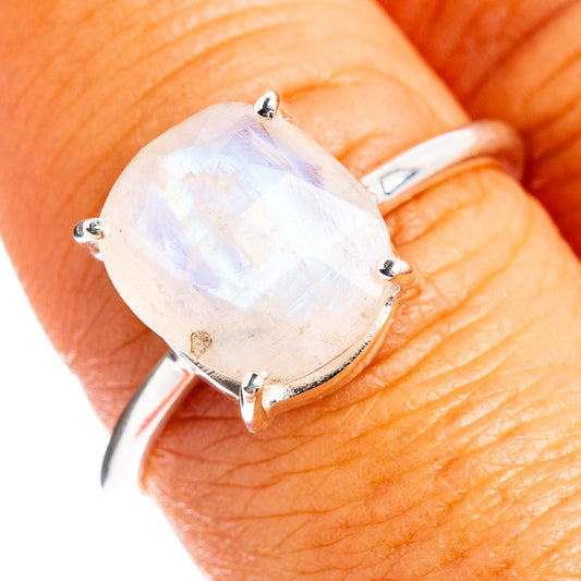 Sterling silver ring with faceted rainbow moonstone centerpiece, held by 4 prongs