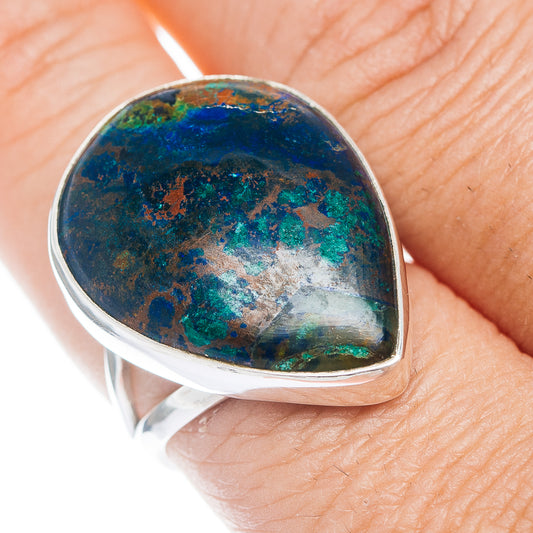 Teardrop azurite-stone sterling silver ring, size 8.5, oval cabochon face
