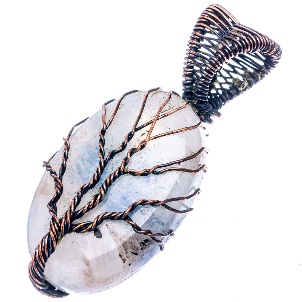 Wire-wrapped oval moonstone-style pendant with oxidized copper tree-of-life frame, side view