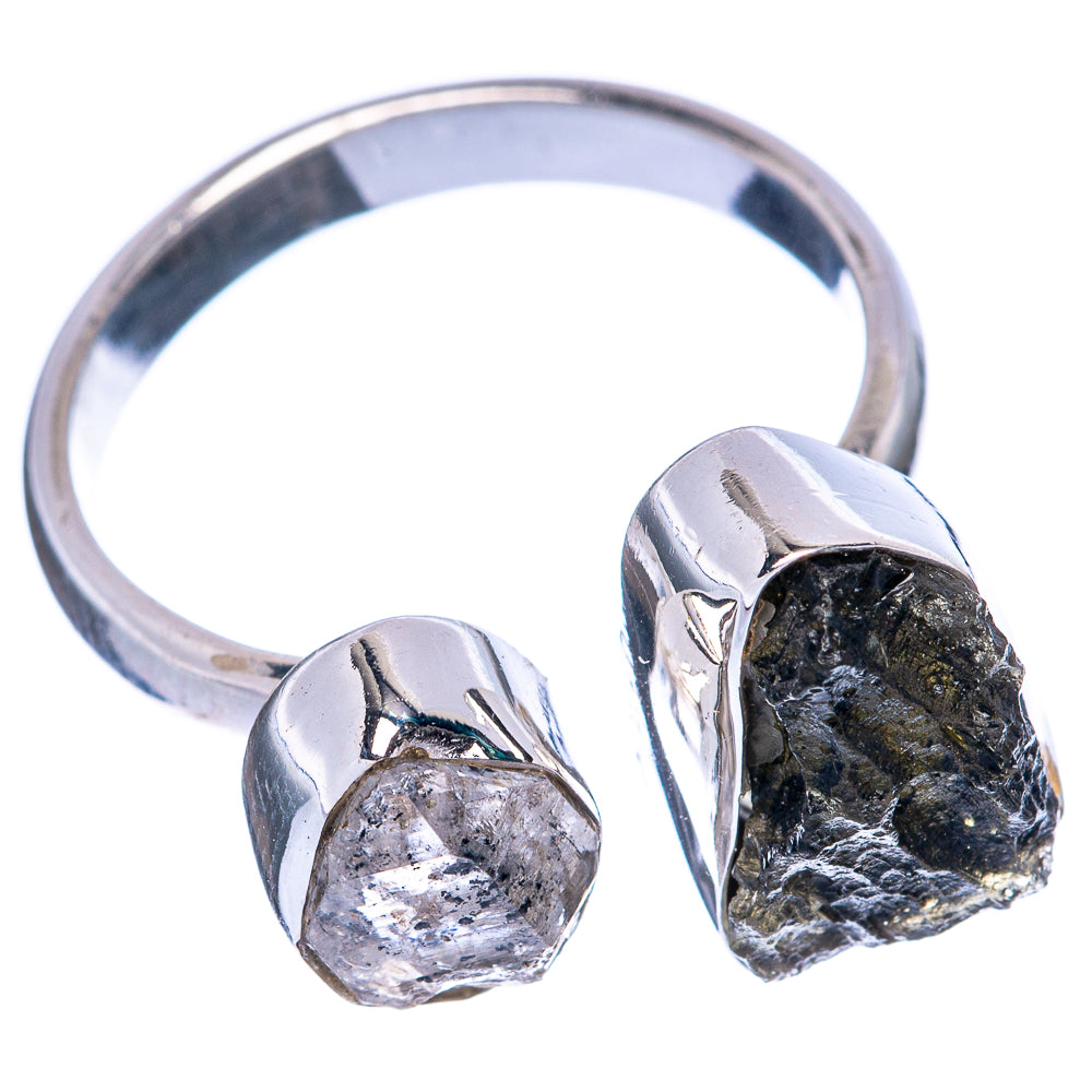 Rare Czech Moldavite, Herkimer Diamond Ring Size 6 Adjustable (925 Sterling Silver) R145602