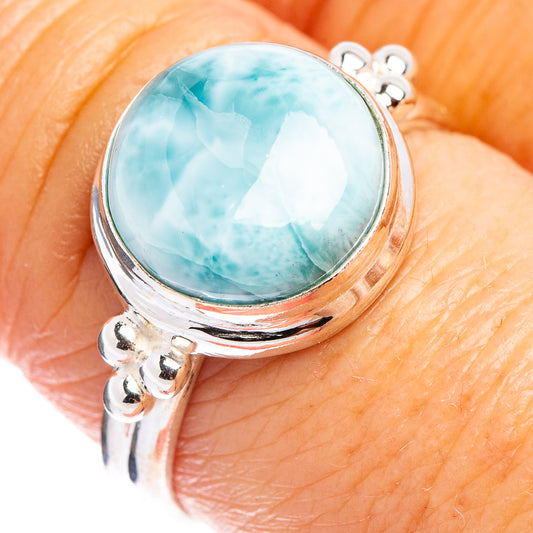 Oval larimar gemstone ring in .925 sterling silver, blue-green stone, size 8.5