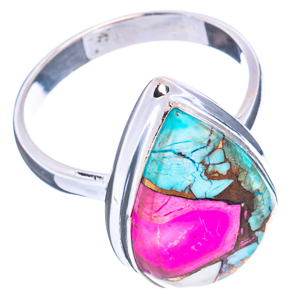 Sterling silver ring featuring a teardrop turquoise-and-pink stone with bezel setting