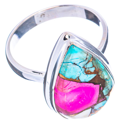 Sterling silver ring featuring a teardrop turquoise-and-pink stone with bezel setting