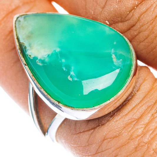 Teardrop chrysoprase ring with green stone bezel in .925 sterling silver, size 8