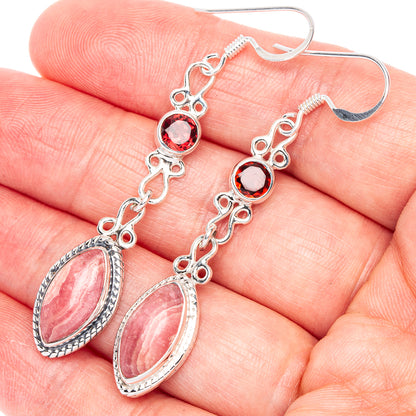 Silver drop earrings with round red stones and oval red gemstone dangles
