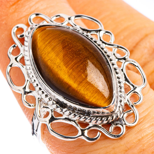 925 sterling silver tiger's eye ring, oval amber-gold stone, ornate filigree setting