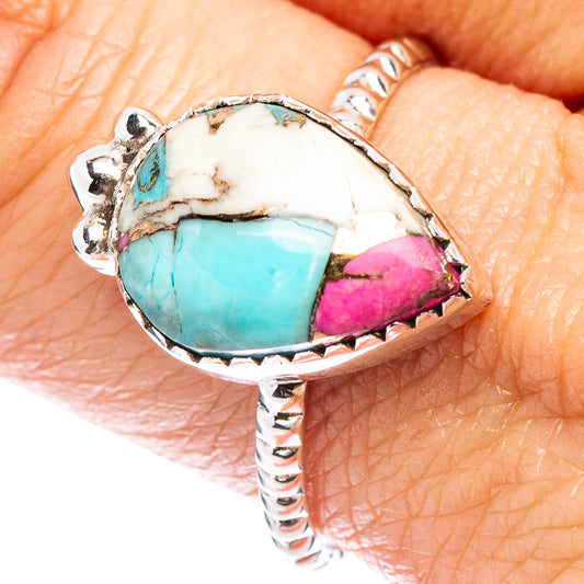 Turquoise and pink stone inlay sterling silver ring, size 10