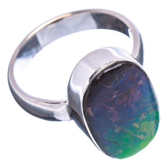 Oval ammolite gemstone ring, polished sterling silver with dark blue-green iridescence