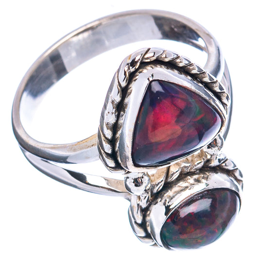 Sterling silver opal ring with top oval and smaller oval stone below, dark red-blue flashes