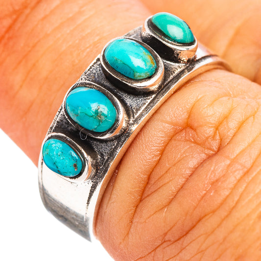 Turquoise inlay ring with four oval stones on silver band, size 6.5