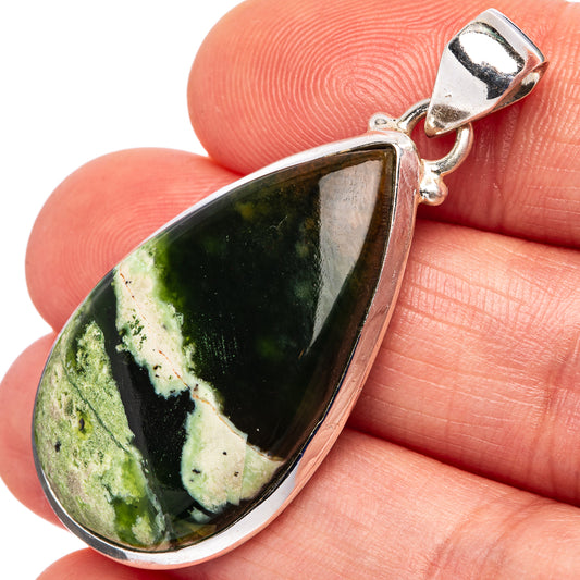 Teardrop chrome chalcedony pendant in .925 sterling silver bezel, green stone close-up