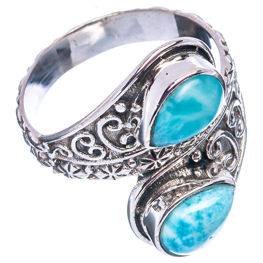 Sterling silver larimar ring, oval turquoise stones with engraved filigree band.
