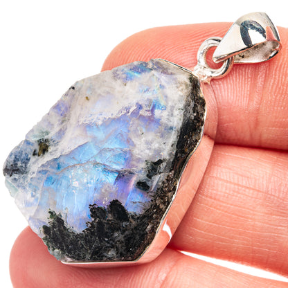 Raw Rainbow Moonstone Pendant 1 5/8" (925 Sterling Silver) P39273