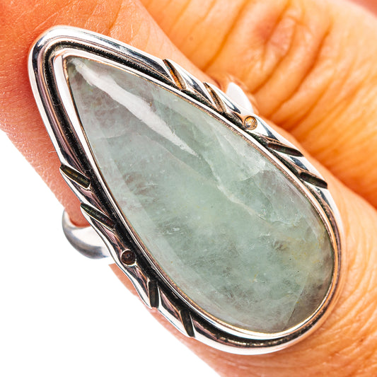 Aquamarine teardrop sterling silver ring with engraved bezel and braided metal frame