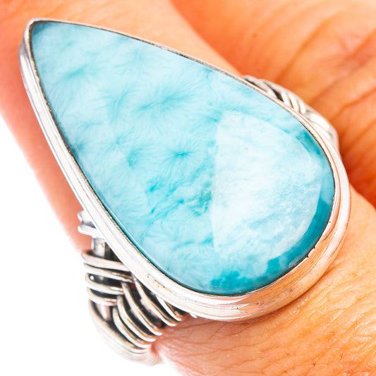 Sterling silver larimar ring with large teardrop blue gemstone and ridged wire band