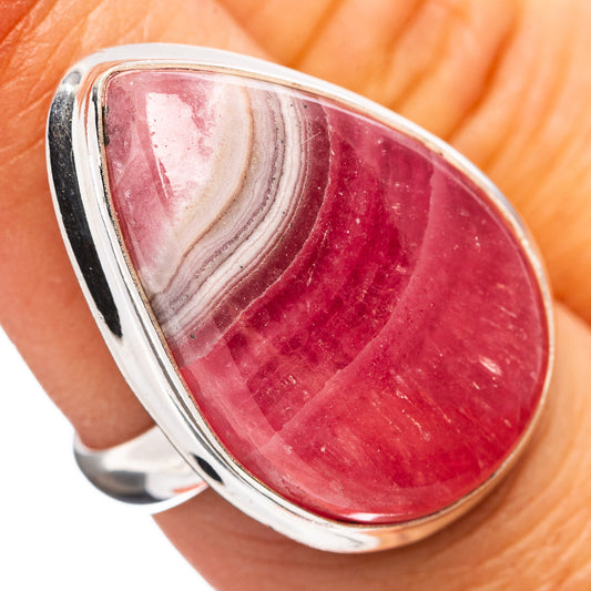 Sterling silver rhodochrosite ring with pink marbled teardrop cabochon