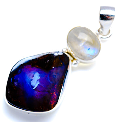 Sterling silver pendant with oval boulder opal and round moonstone cabochon