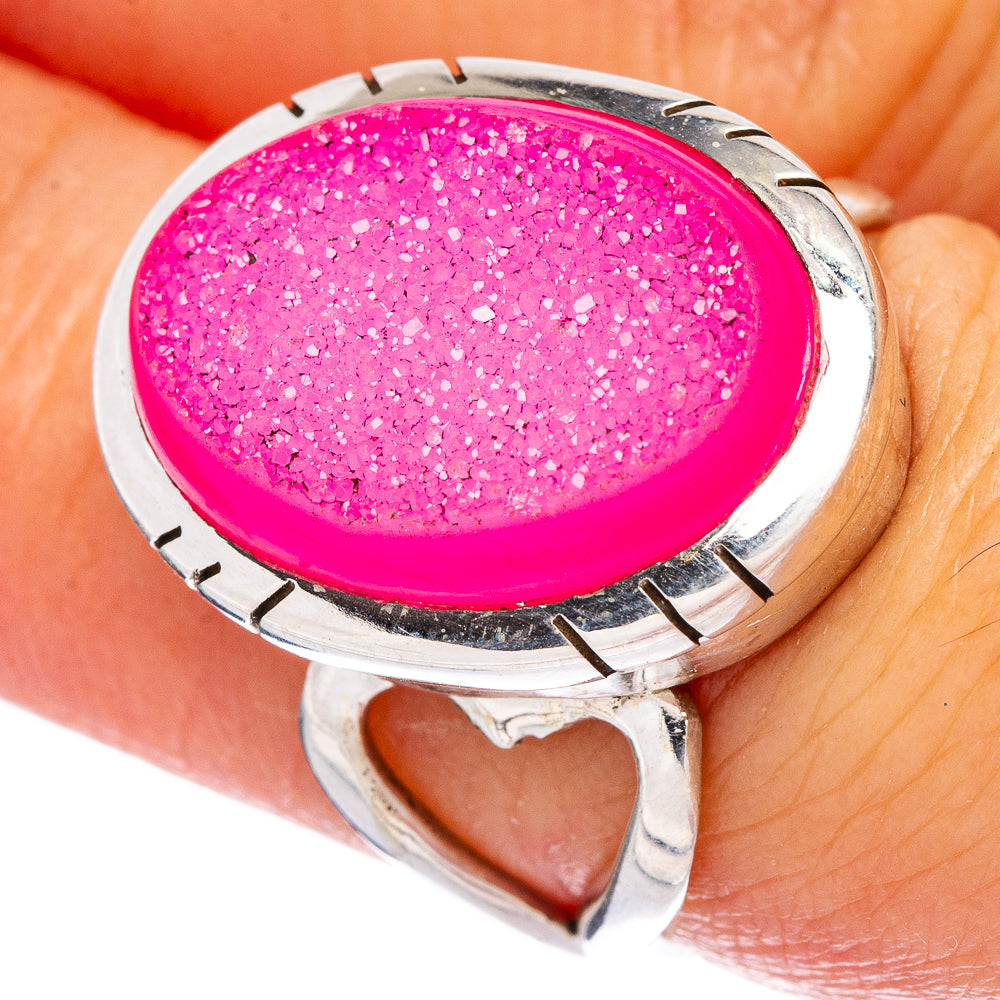 Pink oval druzy ring, 925 sterling silver, size 6.5