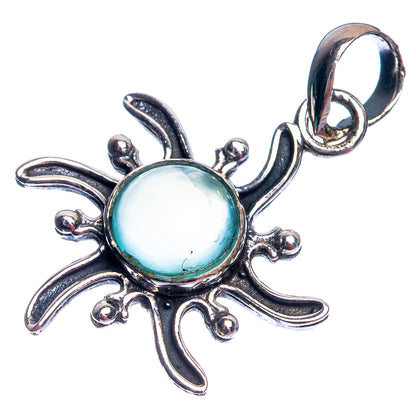 Round blue chalcedony pendant in sterling silver ornate floral openwork setting