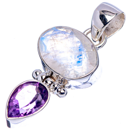 Sterling silver pendant with round iridescent moonstone and oval purple amethyst drop