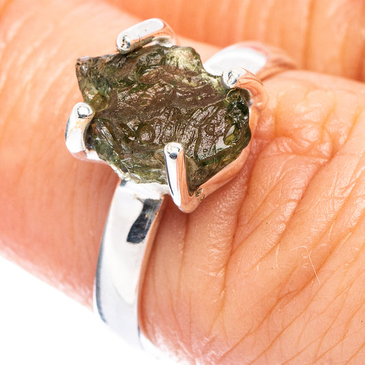 Moldavite ring (size 6) in 925 sterling silver with rough dark green stone prongs