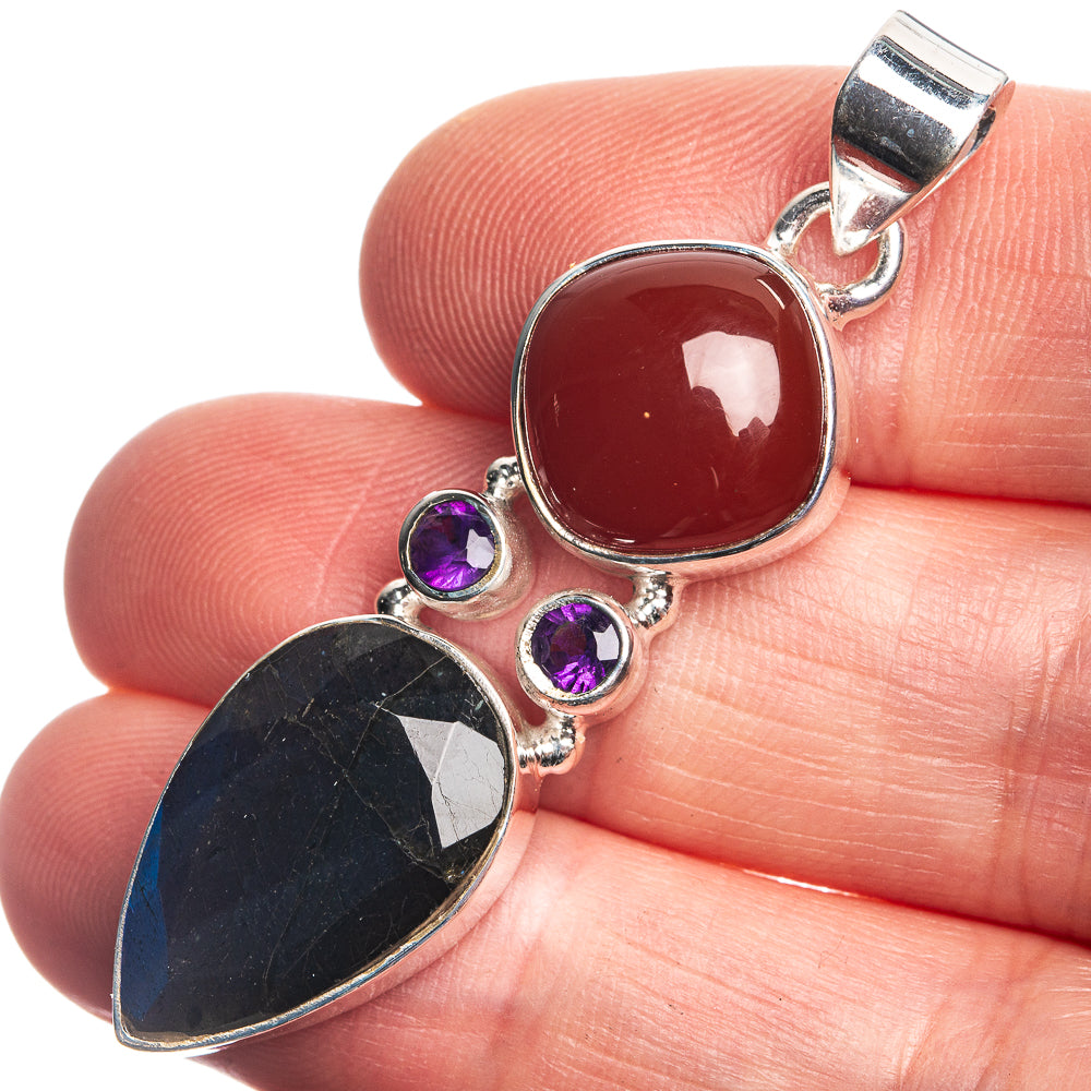 Labradorite, Red Onyx, Amethyst 925 Sterling Silver Pendant 1 7/8"