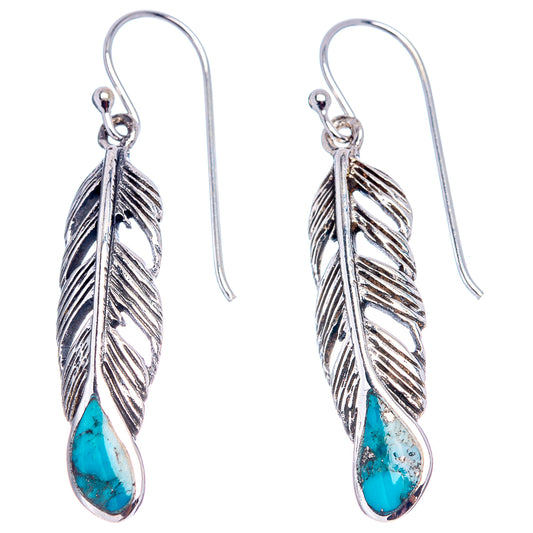 Sterling silver feather drop earrings with turquoise teardrop stones and hook backs