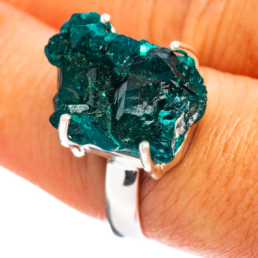 Raw dioptase ring, size 8, raw green crystal set in .925 sterling silver prongs