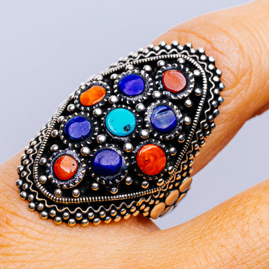 Tibetan Made Vintage Turquoise, Red Coral, Lapis Lazuli Ring Size 9.25 (.925 Sterling Silver)