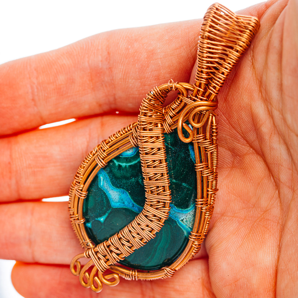 Malachite In Chrysocolla Wire Wrap Pendant 2 3/4" (Copper)