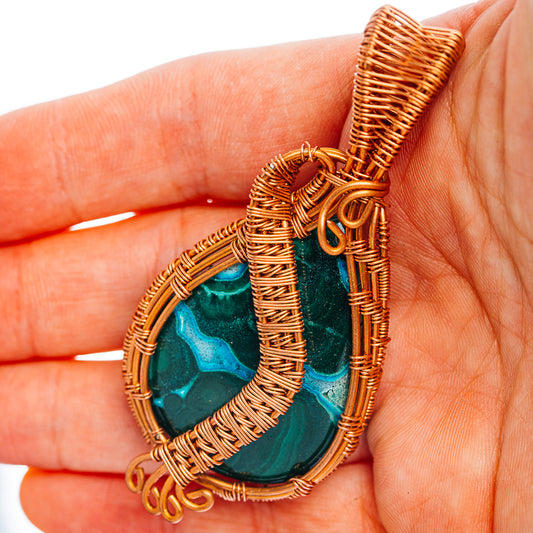 Malachite In Chrysocolla Wire Wrap Pendant 2 3/4" (Copper)