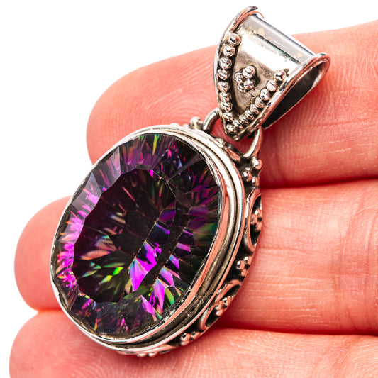 Mystic topaz pendant, oval iridescent gemstone in .925 sterling silver bezel