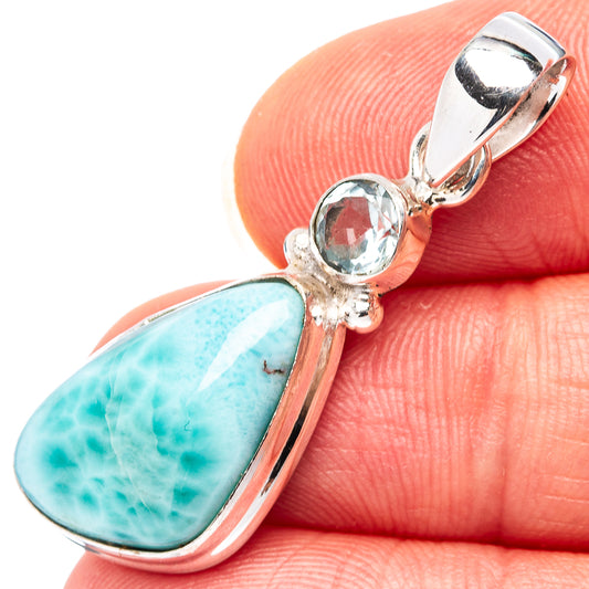 Sterling silver pendant with pear-shaped Larimar and round blue topaz gem, polished bail
